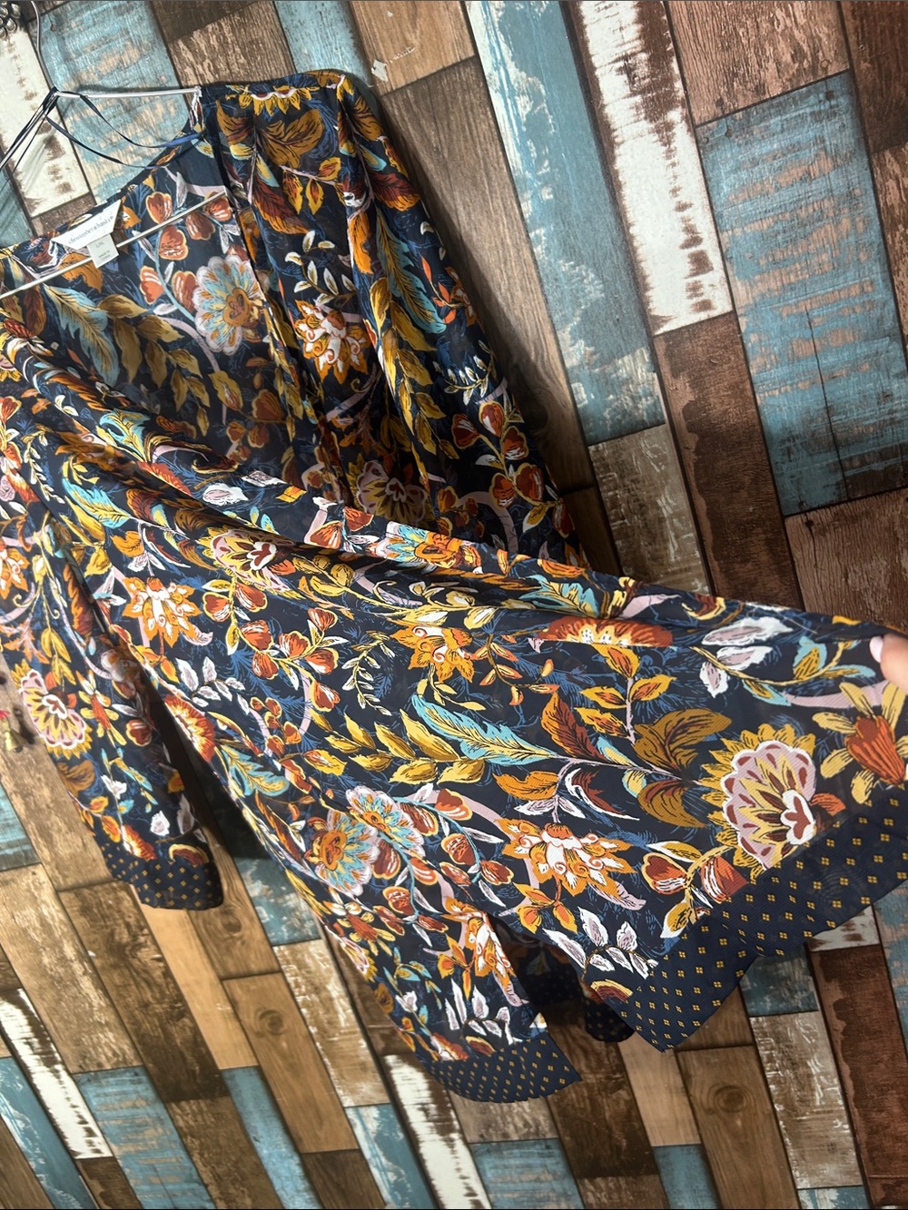 Christopher & Banks Navy Floral Open-Front Kimono with Mustard & Rust Accents - Picture 7 of 14
